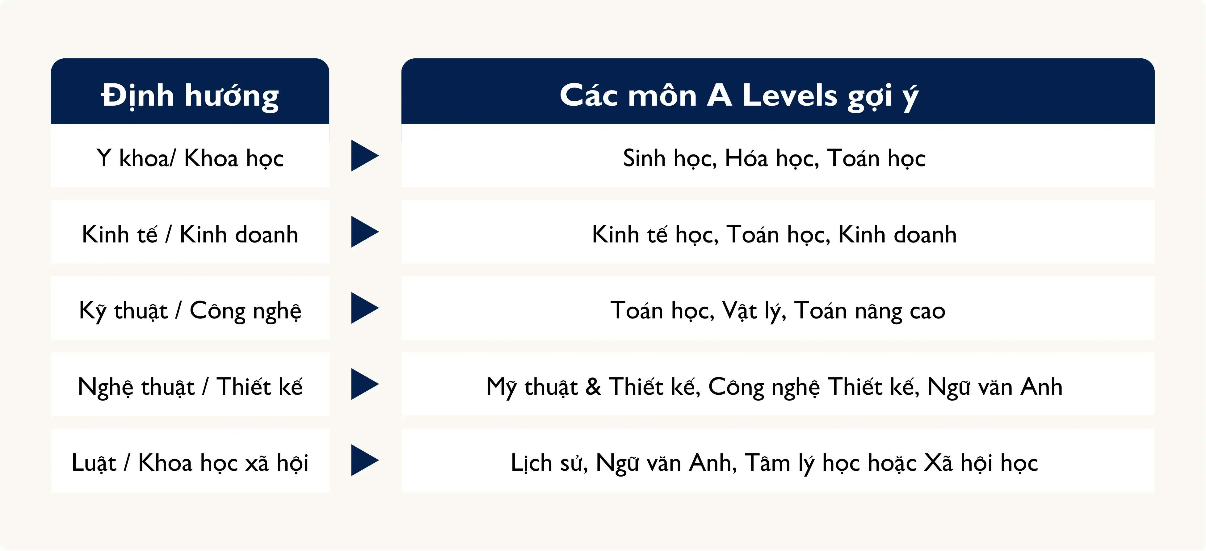 Vietnamese table listing career orientations such as Medicine, Business, and suggested A-Level subjects.